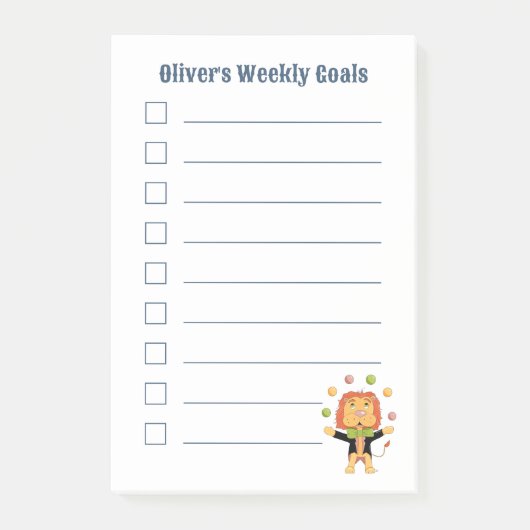 Cute Juggler Lion Kid Weekly Goals Post-It Notes (Voorkant)