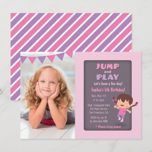 Cute Jump Girl Trampoline Foto Birthday Party Kaart (Voorkant / Achterkant)