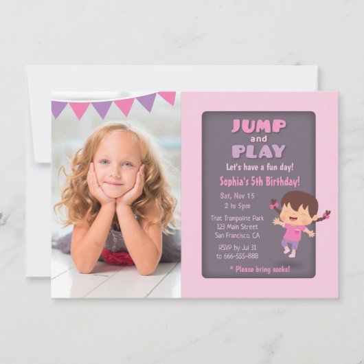Cute Jump Girl Trampoline Foto Birthday Party Kaart (Voorkant)