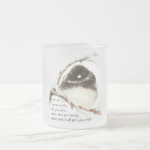 Cute Junco Bird, Scripture, Matt 11:28, Rest Matglas Koffiemok