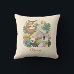 Cute Jungle Animals Floral Custom Name Throw pil Kussen<br><div class="desc">Brighten up your child's room with this adorable throw pillow featuring a charming trio of jungle friends: a sloth, a koala, and a panda, all nestled in lush tropical greenery. This personalized pillow includes the name 'Olivia' in a sweet script that you can easily customize. Perfect for a jungle-themed nursery,...</div>