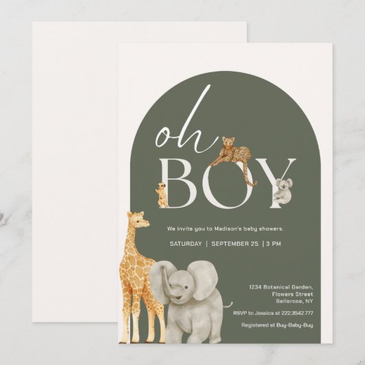 Cute Jungle Dieren Baby Shower Uitnodiging (Voorkant / Achterkant)