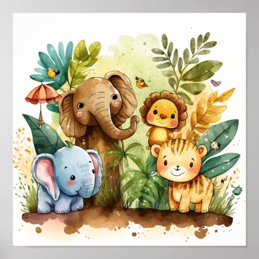 Cute Jungle Dieren Kinderen Slaapkamer Poster (Voorkant)