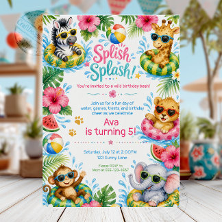 Cute Jungle Dieren Spetterende Zwembad Feest Verja Kaart