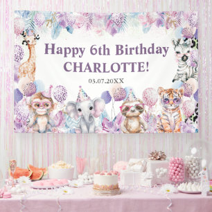Cute Jungle Feest Dieren Safari Verjaardag Achterg Spandoek