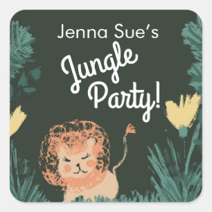 Cute Jungle Leeuw Kunst Safari Verjaardagsfeestje Vierkante Sticker