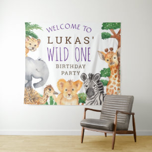 Cute Jungle Safari 1e Verjaardagsfeest Welkom Wandkleed