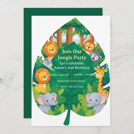 Cute Jungle Safari Animals Leaf Shape 2nd Birthday Kaart (Voorkant / Achterkant)