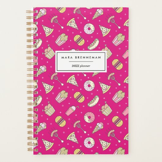 Cute Junk Food Pattern op Roze | Gepersonaliseerd Planner (Voorkant)
