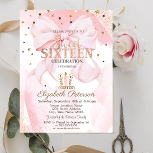Cute Kaarsen Sterren Roze Strik Sweet 16  Kaart
