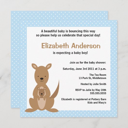 Cute Kangaroo Baby shower Invitation - Boy Kaart (Voorkant / Achterkant)