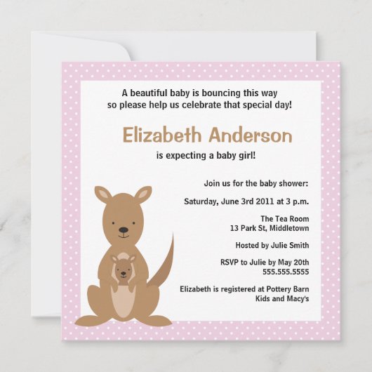 Cute Kangaroo Baby shower Invitation - Girl Kaart (Voorkant)