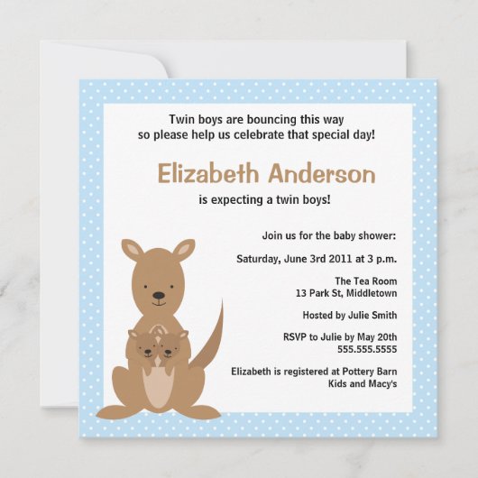 Cute Kangaroo Baby shower Invitation - Twin Boys Kaart (Voorkant)