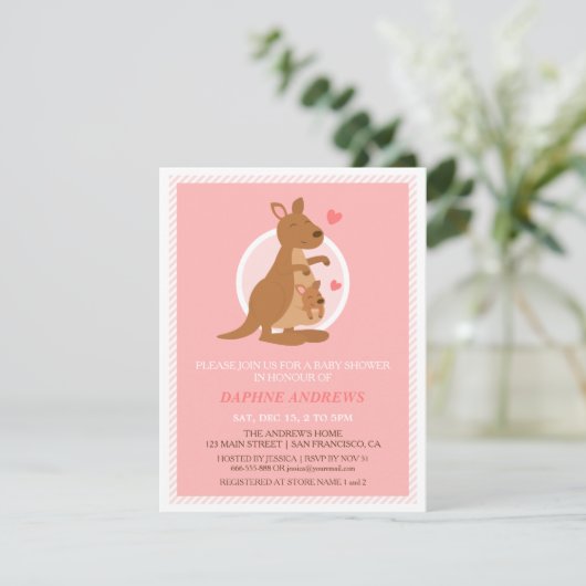 Cute Kangaroo Baby shower Party Invitations Kaart (Staand voorkant)