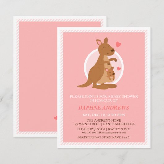 Cute Kangaroo Baby shower Party Invitations Kaart (Voorkant / Achterkant)