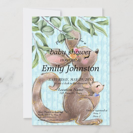 Cute Kangaroo en Joey Blue Baby shower Invitation Kaart (Voorkant)