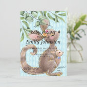 Cute Kangaroo en Joey Blue Baby shower Invitation Kaart (Staand voorkant)