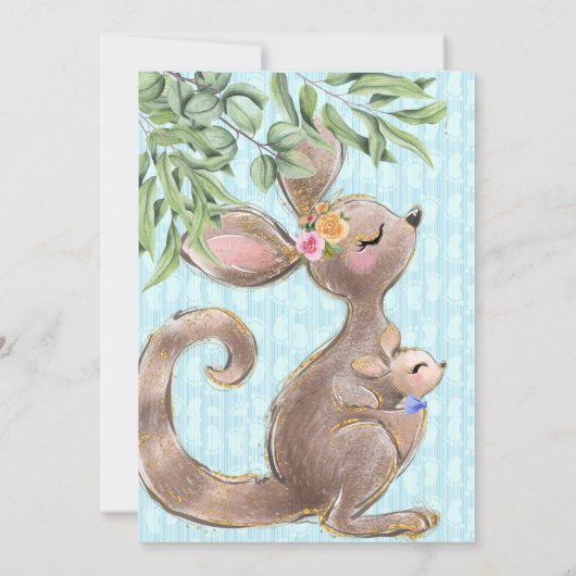 Cute Kangaroo en Joey Blue Baby shower Invitation Kaart (Achterkant)