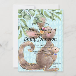 Cute Kangaroo en Joey Blue Baby shower Invitation Kaart