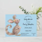 Cute Kangaroo en Joey Blue Baby shower Invitation Kaart (Staand voorkant)