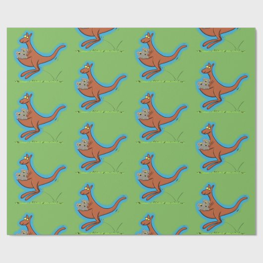 Cute Kangaroo met groene koalas cartoon patroon Cadeaupapier (Vlak)