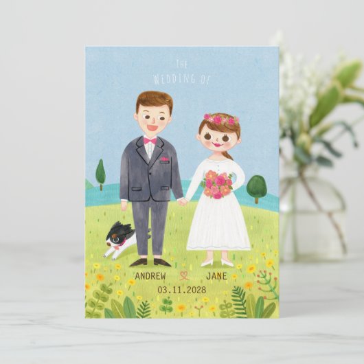 Cute karakter bruiloft-uitnodiging kaart (Staand voorkant)