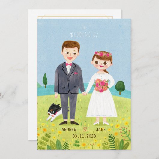 Cute karakter bruiloft-uitnodiging kaart (Voorkant / Achterkant)