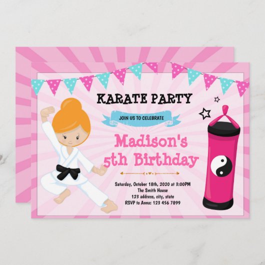 Cute karate verjaardagsfeest kaart (Voorkant / Achterkant)