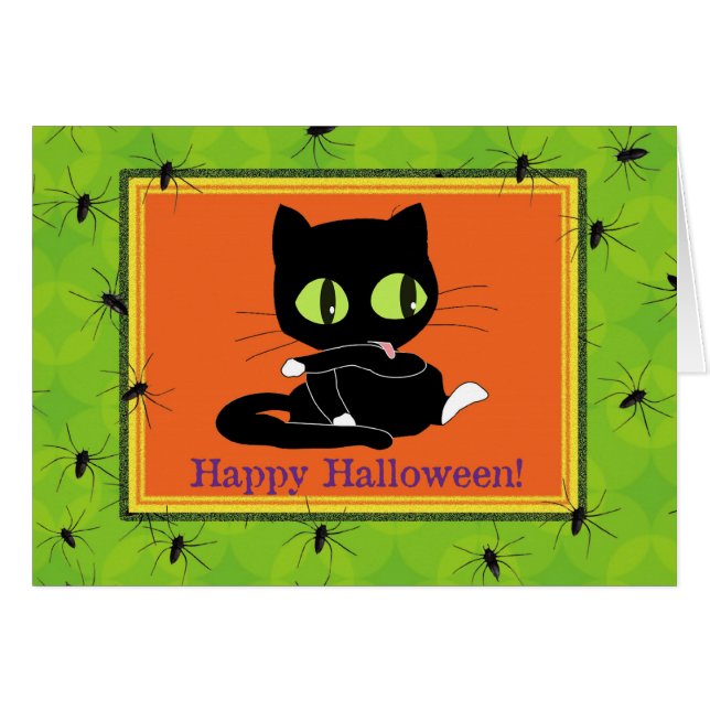 Cute Kat and Spiders Halloween Kaart (Voorkant Horizontaal)