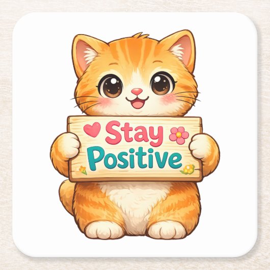 Cute Kat Blijf Positief Kunstwerk Kartonnen Onderzetters (Voorkant)