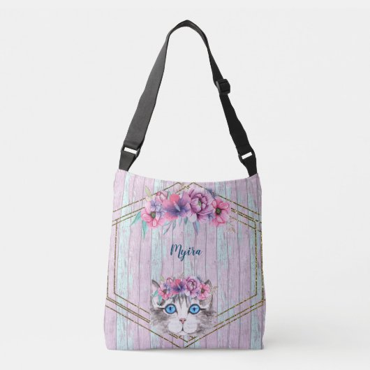 Cute Kat, bloemen en Lijst Crossbody Tas (Voorkant)