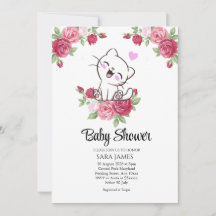 Cute Kat Bloemige Baby Shower Uitnodiging