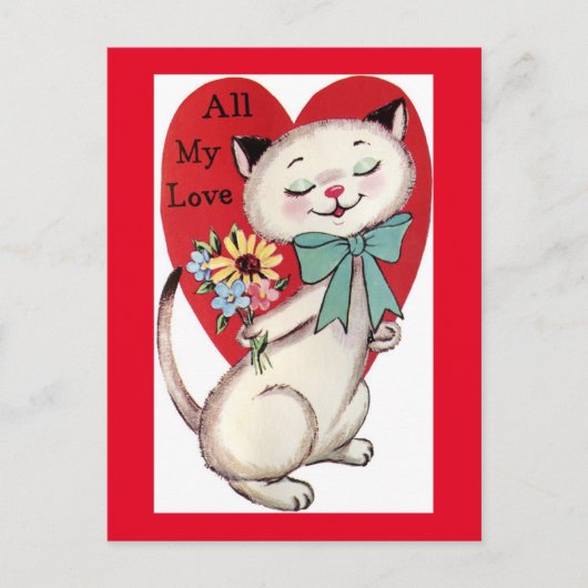 Cute Kat Brings Love & Flowers  Valentijn Briefkaart (Voorkant)