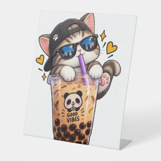 Cute Kat Bubble Tea Goede Vibes Kawaii Boba Sticke Reclamebord Met Voetstuk