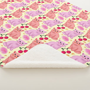 Cute Kat Cherry Bloemmotief Kawaii Kitty Sherpa Deken