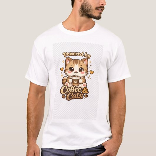 Cute Kat Coffee Liefhebber Kawaii Design - Powered T-shirt (Voorkant)