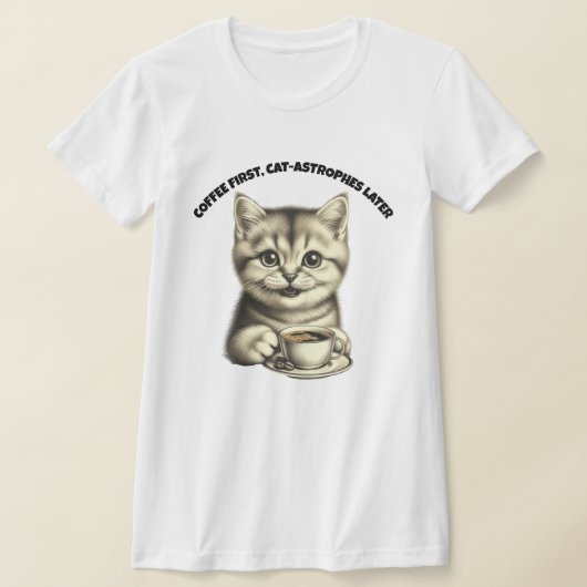 Cute Kat Coffee T-Shirt Grappig Kat Liefhebber Tee (Laagn)
