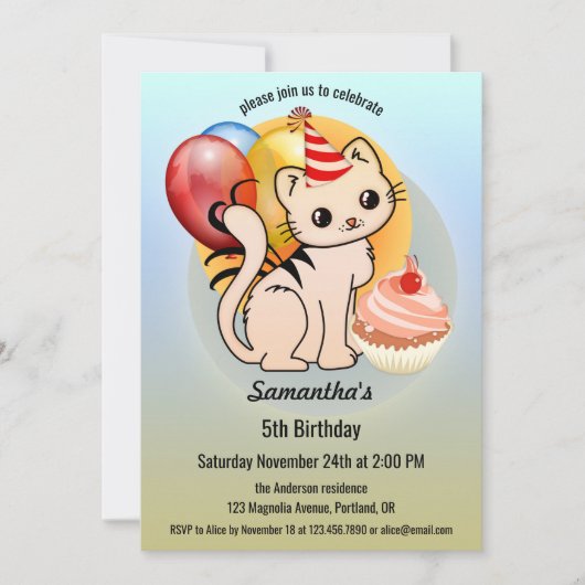 Cute Kat Cupcake Child Birthday Invitation Kaart (Voorkant)