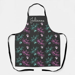 Cute Kat Doodles Roze Teal Huisdier Zwart Naam Schort
