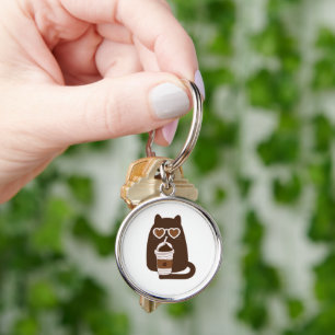 Cute Kat Drinkt IJskoffie Zilveren Sleutelhanger