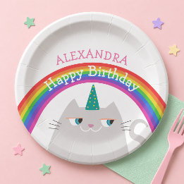 Cute Kat Eenhoorn Regenboog Verjaardag Papieren Bordje