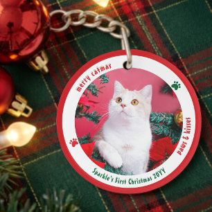 Cute Kat Eerste Kerstmis Aangepaste Huisdier Foto Sleutelhanger