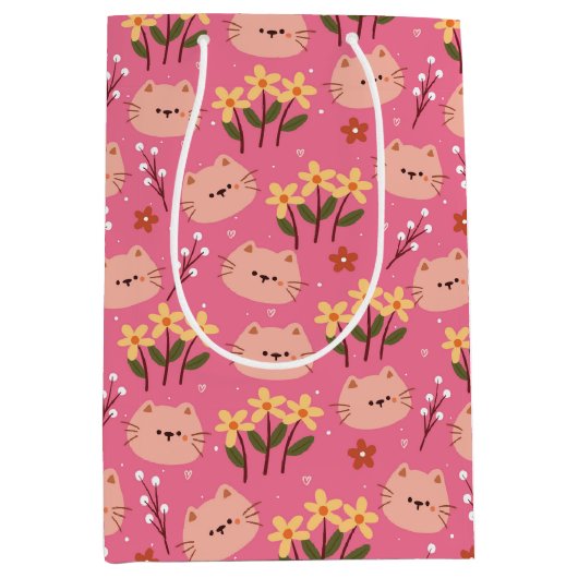 Cute Kat en Bloemen Medium Cadeauzakje (Voorkant)