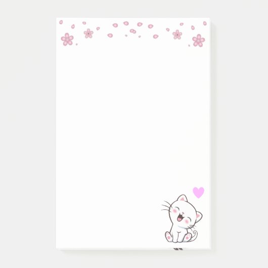 Cute Kat en Bloemen op Wit Post-it® Notes (Voorkant)