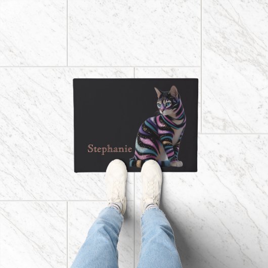 Cute Kat en Gepersonaliseerde Naam Ontwerp Deurmat (Binnen)