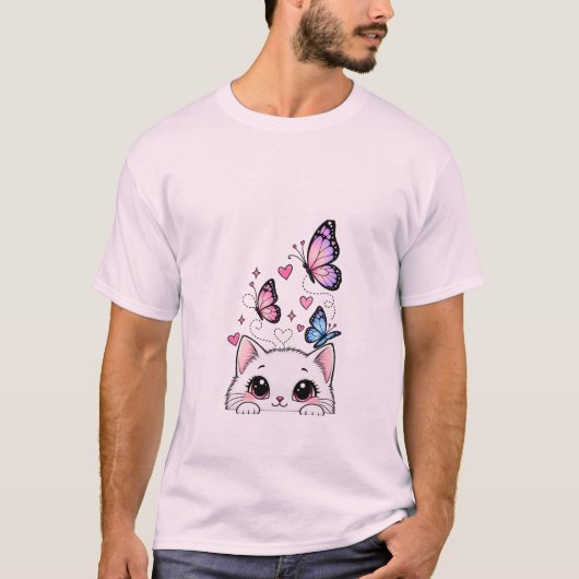 Cute Kat en Vlinder T-Shirt (Voorkant)