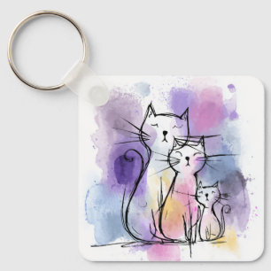 Cute Kat Familie Aluminium Vierkante Sleutelhanger