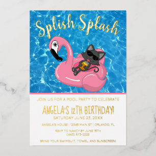Cute Kat Flamingo Kinderen Verjaardag Zwembad Fees Folie Uitnodiging