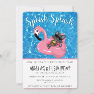 Cute Kat Flamingo Kinderen Verjaardag Zwembad Fees Kaart
