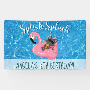 Cute Kat Flamingo Kinderen Verjaardag Zwembad Fees Spandoek